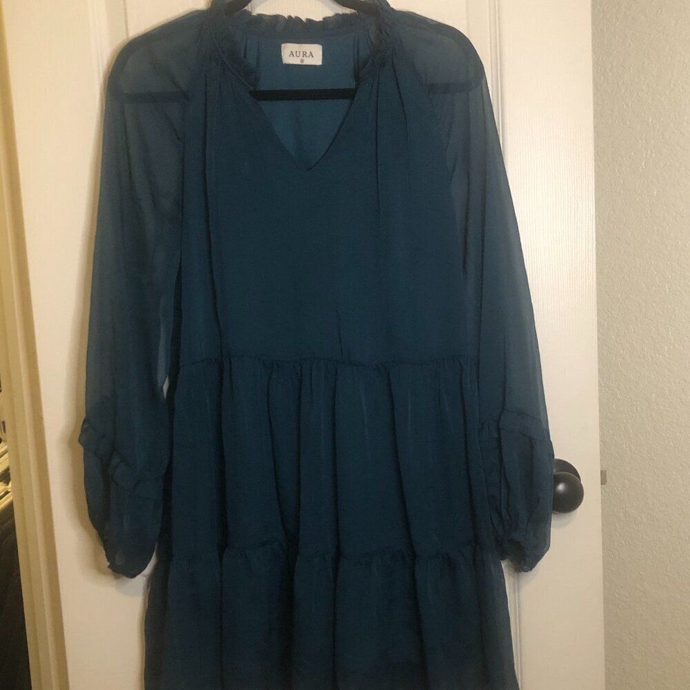 AURA bohemian-style lined dark teal long-sleeve tiered mini dress w/ v-neckline
